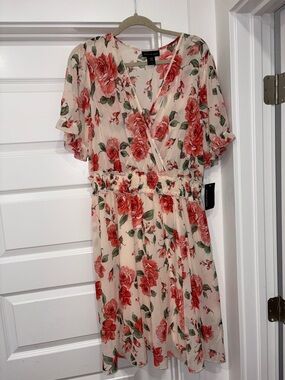 Cream Midi Dress with Red Rose Print